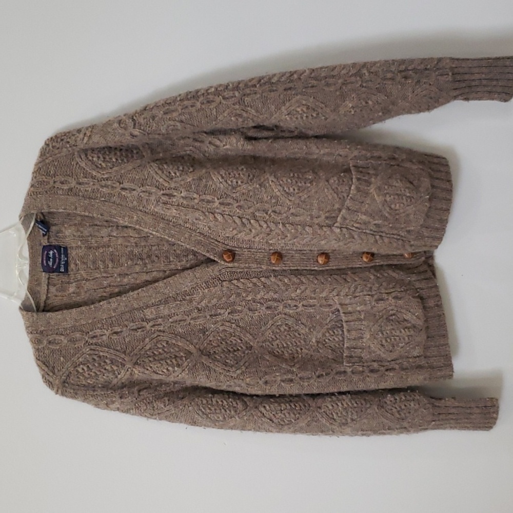 Allen Sollly Sweater Shetland Wool Cardigan Cable Knit Fisherman